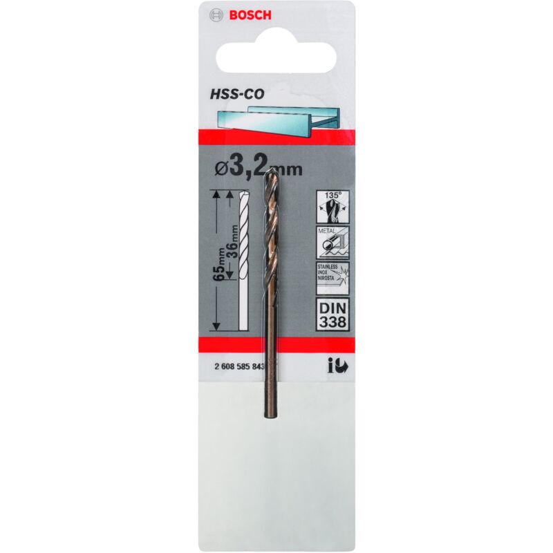 

2608585843 Brocas metálicas HSS-Co, DIN 338 3,2 x 36 x 65 mm - Bosch