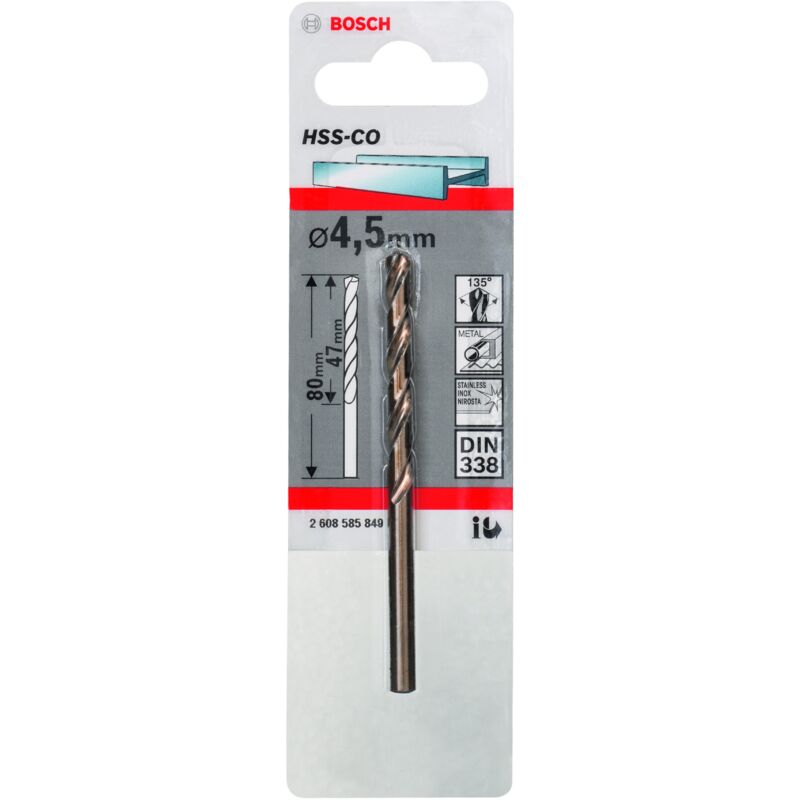 

2608585849 Brocas metálicas HSS-Co, DIN 338 4,5 x 47 x 80 mm - Bosch