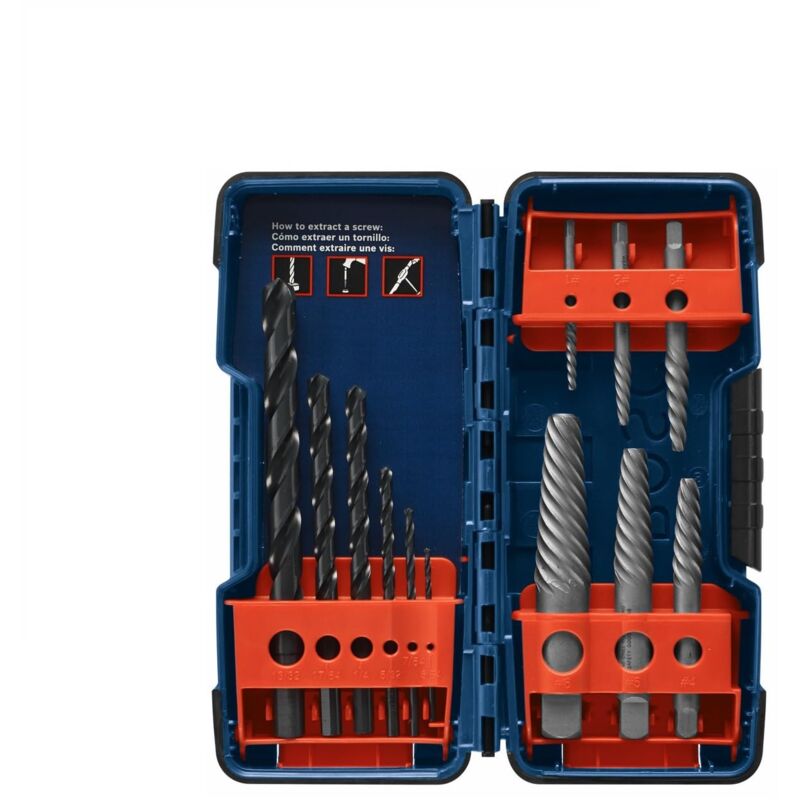 Bosch - BSPE6D - Set assortito di 12 pezzi per estrattori di viti a spirale in acciaio ad alto tenore di carbonio e punte da trapano in ossido nero,