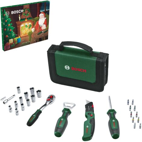 Bosch Calendario de Adviento 2023 de 28 piezas para bricolaje (juego de herramientas con carraca ¼", destornillador universal, navaja, abrebotellas, puntas y llaves de vaso en bolsa de