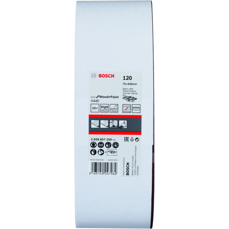 Bosch - Jeu de bandes abrasives X440 10 pièces 75 x 533 millimètre 120 2608607259