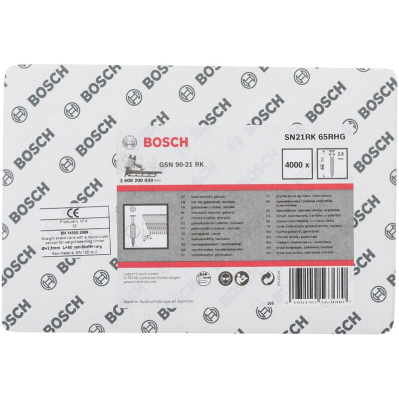 Chiodo a testa rotonda SN21RK 65RHG 2,8 mm, 65 mm, zincato a fuoco, rigato, 4000 pezzi