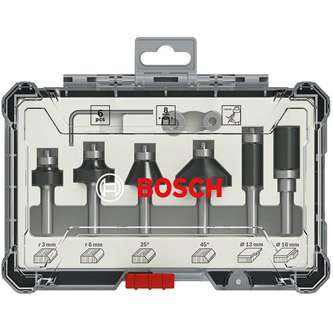 Bosch – Coffret de 6 fraises à araser/chanfreiner/arrondir 6 mm – Pour bois dur et composite – Coupe précise – Compatible défonceuses courantes