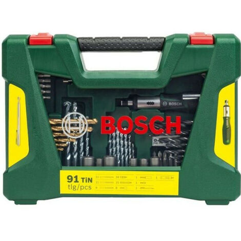 Bosch – Coffret multi-outils 91 pcs – Forets TiN pour bois, béton et métal – Vissage rapide avec tournevis à cliquet – Coffret de rangement inclus