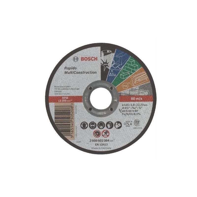

Bosch 2 608 602 384 - Disco De Corte Recto Rapido Multi Construction - Acs 60 V Bf, 115 Mm, 1,0 Mm, 80 M/S (Pack De 1)