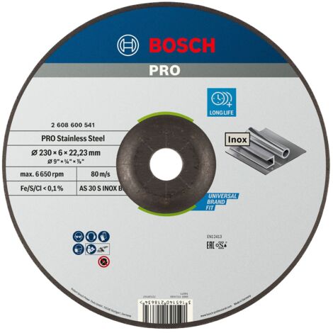 Bosch – Disque à lamelles 230mm – Grain oxyde d'aluminium pour inox – Épaisseur 6mm – Alésage 22,23mm – Vitesse 80m/s - 2608600541