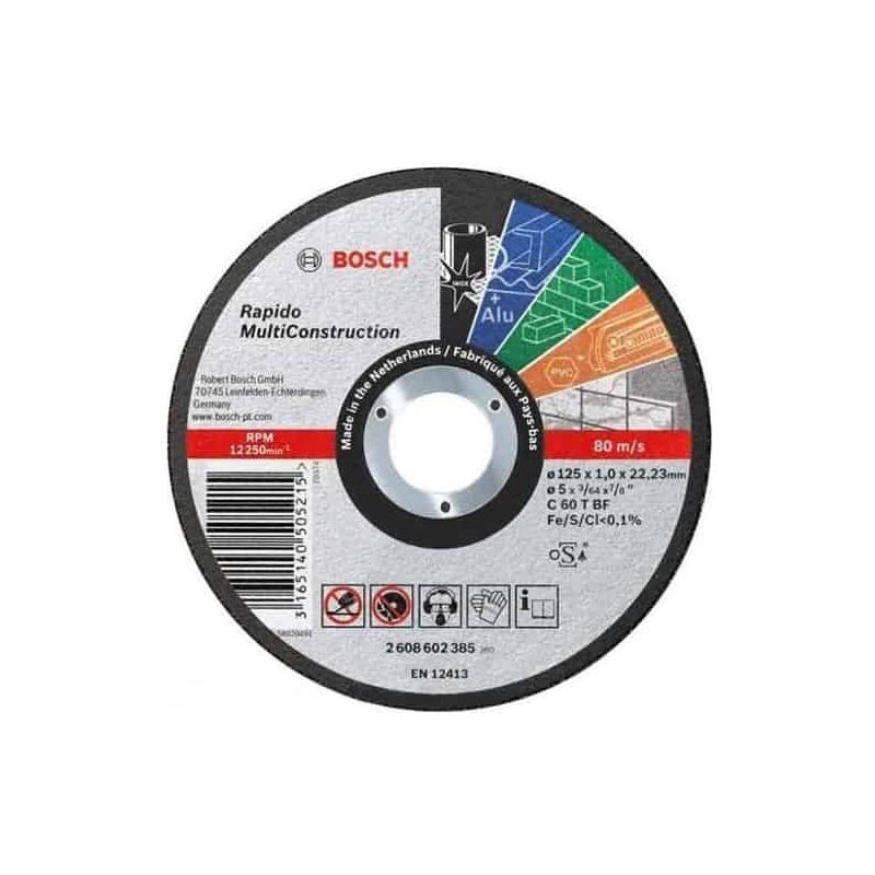 Disque à tronçonner Droit - Rapido - MultiConstruction - 125 mm - x 1 - 1.6 mm - 22,23 mm - Bosch