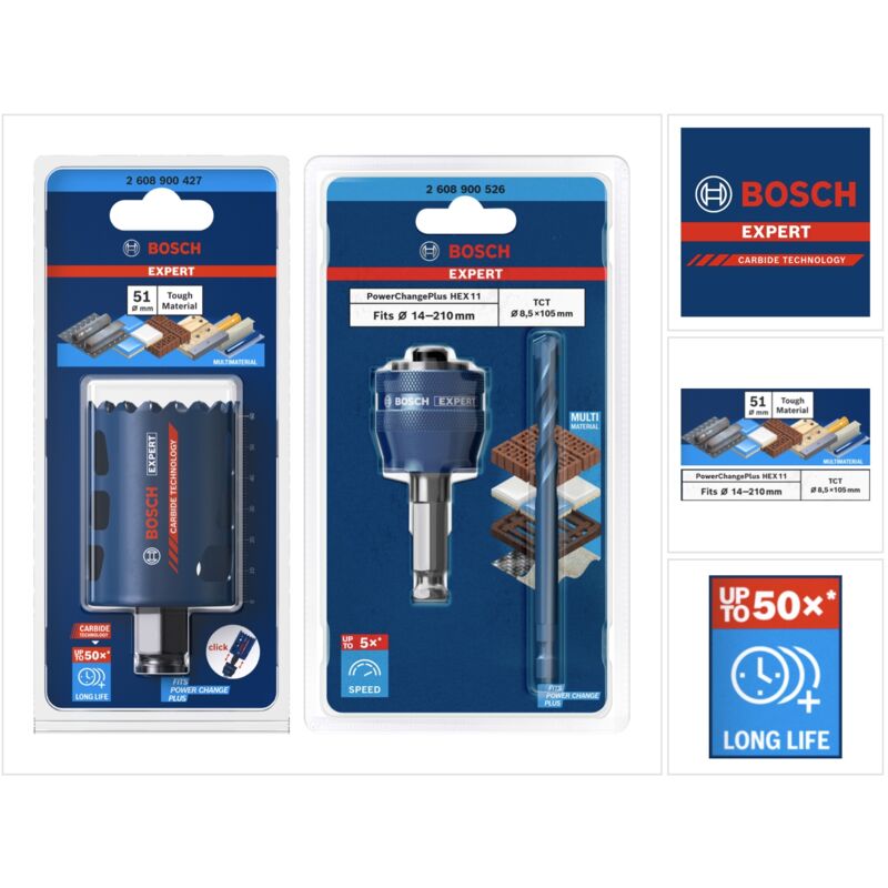 Bosch Professional - Bosch expert Tough Material Lochsgen Starter Set 51 x 60 mm Carbide ( 2608900427 ) Universal + Power Change Adapter ( 2608900526
