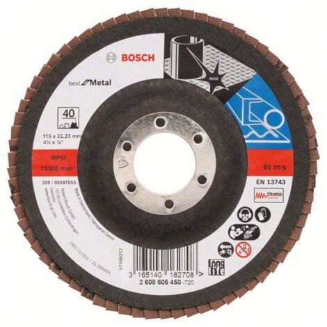 Bosch Fächerschleifscheibe X571, Best for Metal, gewinkelt, 115 x 22,23 mm, 40, Glas 10 Stk