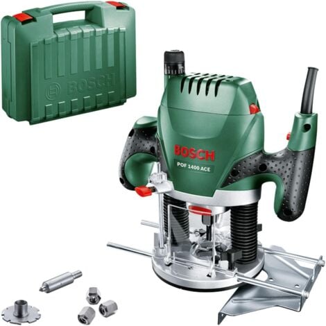 Bosch fresadora POF 1400 ACE (1400 W, velocidad de giro en vacío: 11 000-28 000 min-1, 3 x pinzas de fijación, fresas de ranurar, perno centrador, adaptador de aspiración)