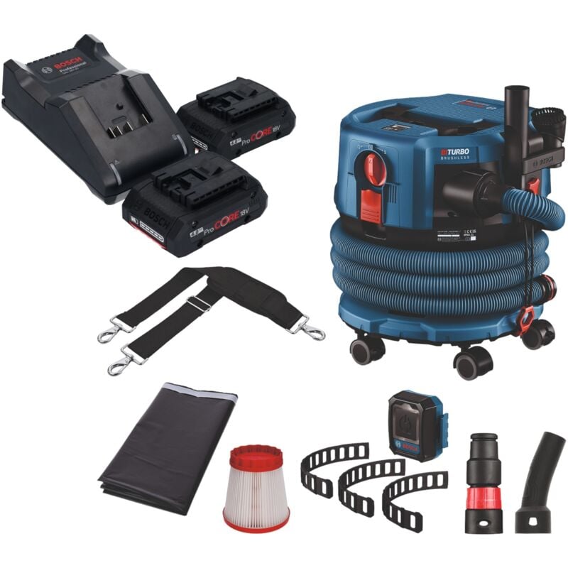 Bosch GAS 18V-12 MC Professional Aspirateur sans fil BITURBO Brushless + 2x batterie ProCore 4,0 Ah + chargeur + accessoires