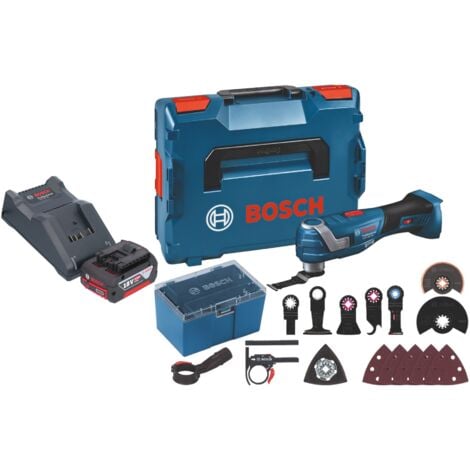 Bosch GOP 18V-34 Professional Akku Multi Cutter 18 V Starlock Plus + 1x Akku 4,0 Ah + Ladegerät + 17 tlg. Zubehör + L-Boxx