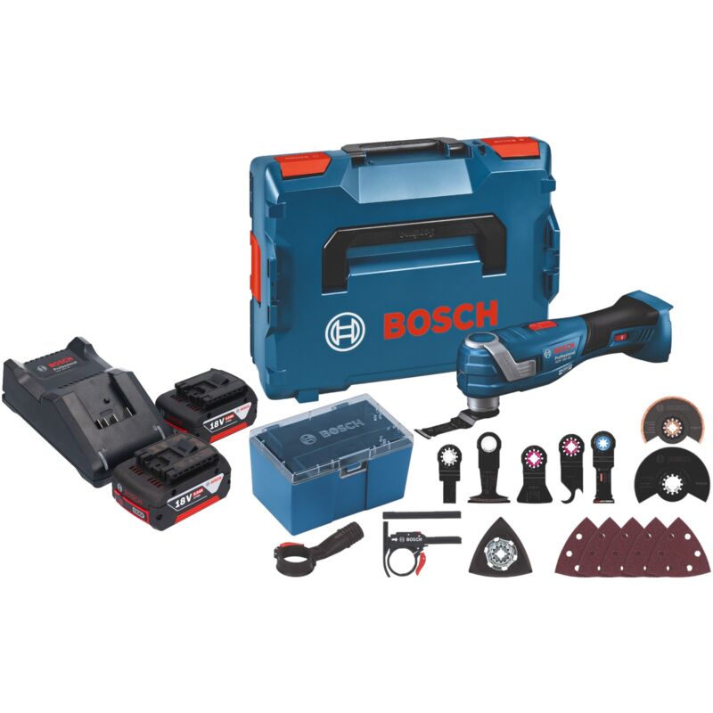 Bosch gop 18V-34 Professional Cutter multifonctions sans fil 18 v Starlock Plus + 2x batterie 5,0 Ah + chargeur + 17 pces. d'accessoires + L-Boxx