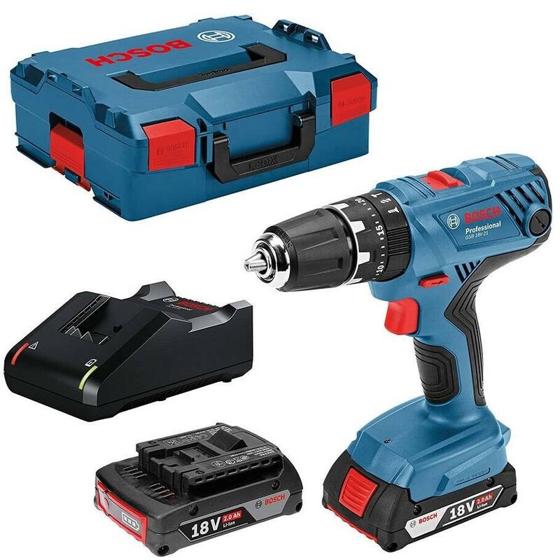 

Bosch 06019H1107 Taladro percutor a batería GSB 18V-21 2 vel 20+1 pos + 2 baterías 2,0Ah + cargador GAL 18V-40 + L-Boxx