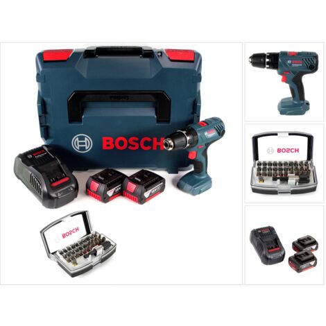 Bosch GSB 18V-21 Professional Taladro atornillador percutor a batería 18V / 55Nm en L-Boxx + 2x Batería GBA 3,0 Ah + Cargador GAL 1880 CV + Juego de puntas Wiha Dinotech Edition 31 piezas