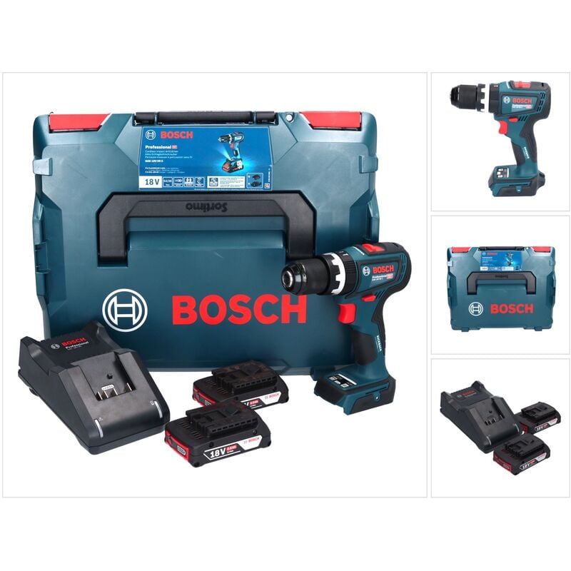 Bosch GSB 18V-90 C Perceuse-visseuse à percussion sans fil Professional 18 V 64 Nm Brushless + 2x Batteries 2,0 Ah + Chargeur + Coffret L-Boxx