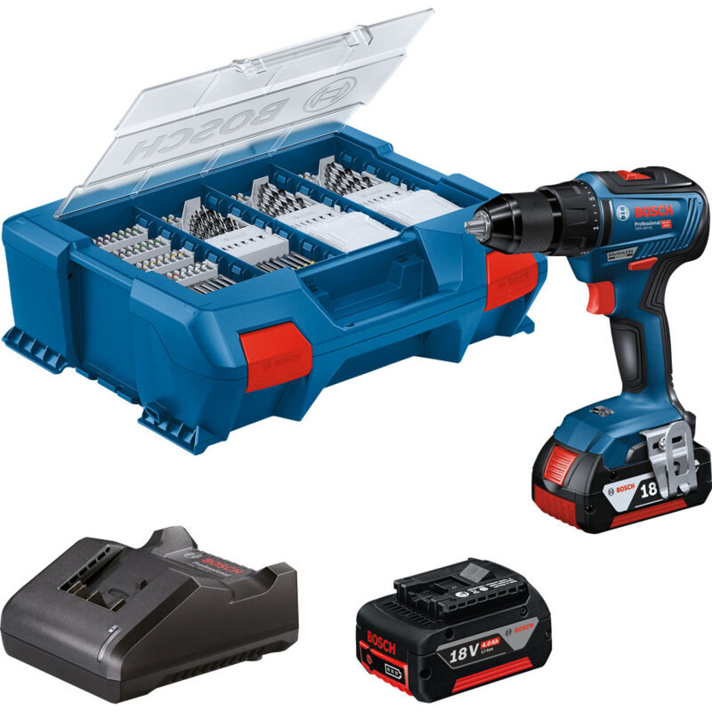 Bosch Professional 18V System perceuse visseuse sans fil GSR 18V 55 couple max. 55 Nm 1 800 trmin avec 2 batteries 4 0 Ah chargeur GAL 18V 20 set d’accessoires 82 pièces Case Pick & Click