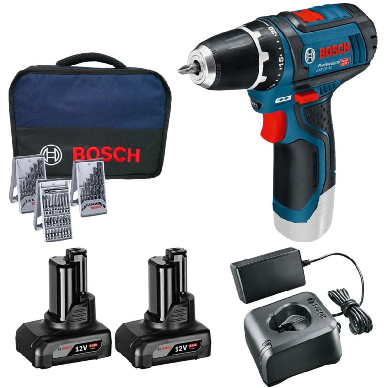 Perceuse-visseuse sans fil gsr 12V-15 Bosch 2x 4,0 Ah batterie + chargeur y compris kit d'accessoires 39 pièces dans un sac souple - 0615990HV1