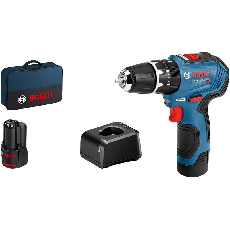 

GSR 12V-30 12V Litio-Ion batería Juego de taladro/atornillador (2x baterías 2,0Ah) en bolso - sin escobillas - Bosch