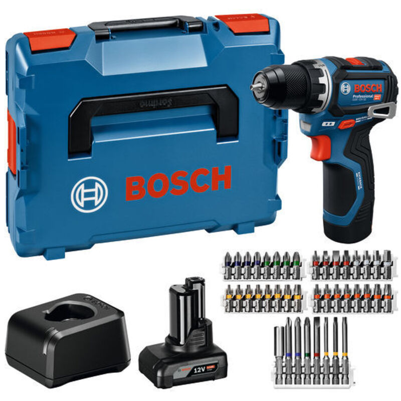 Trapano avvitatore a batteria Bosch GSR 12V-32, 1x 2,0 Ah / 4,0 Ah e caricabatterie + accessori in L-BOXX