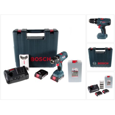 Bosch GSR 18 V-21 Li-Ion Professional Perceuse-visseuse sans fil + Coffret de transport Bosch + 2x Batteries 2,0 Ah + Chargeur + Jeu de mèches, 25 pièces + Jeu de forets hélicoïdaux, 25 pièces