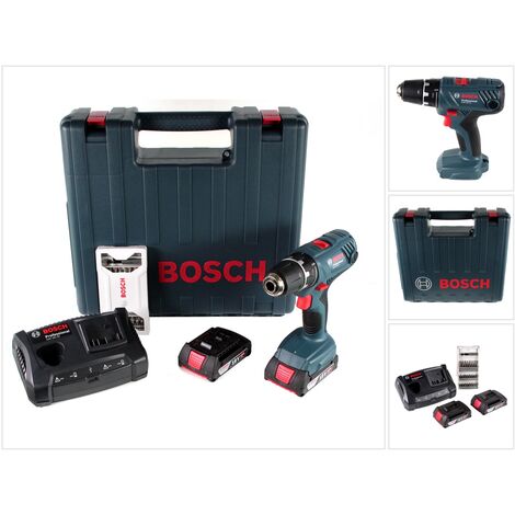 Bosch GSR 18V-21 Taladro atornillador a batería en maletín de transporte + 2x Batería GBA 2,0 Ah + Cargador GAX 18V-30 ( 06019H1070 ) + Juego de 25 puntas