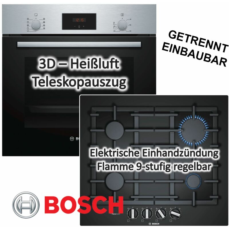 Bosch - Herdset Autark Gasherd Einbau Backofen Heißluft + Gas Kochfeld auf Glas 60cm
