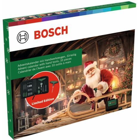 Bosch Herramientas manuales calendario Adviento, 33 pza. (3 destornilladores: de carraca con mango en T, de precisión y de punta corta, accesorios, sacacorchos, bolsa de almacenamiento)