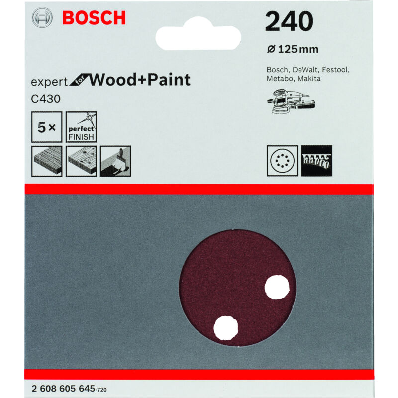 

BOSCH 2608605645 Hoja de lija C430, paquete de 5 uds. 125 mm 240