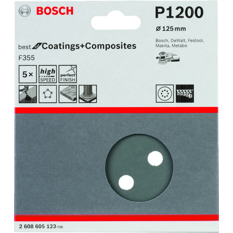 

2608605123 Hoja de lija F355, paquete de 5 uds. 125 mm 1200 - Bosch