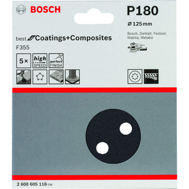 

2608605118 Hoja de lija F355, paquete de 5 uds. 125 mm 180 - Bosch