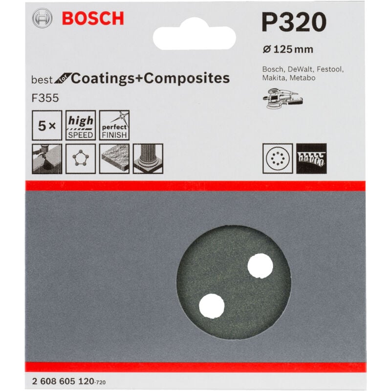 

2608605120 Hoja de lija F355, paquete de 5 uds. 125 mm 320 - Bosch