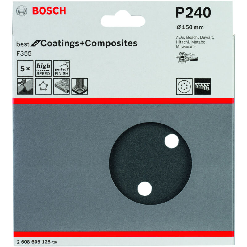 

BOSCH 2608605128 Hoja de lija F355, paquete de 5 uds. 150 mm 240