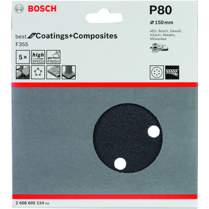 

2608605124 Hoja de lija F355, paquete de 5 uds. 150 mm 80 - Bosch