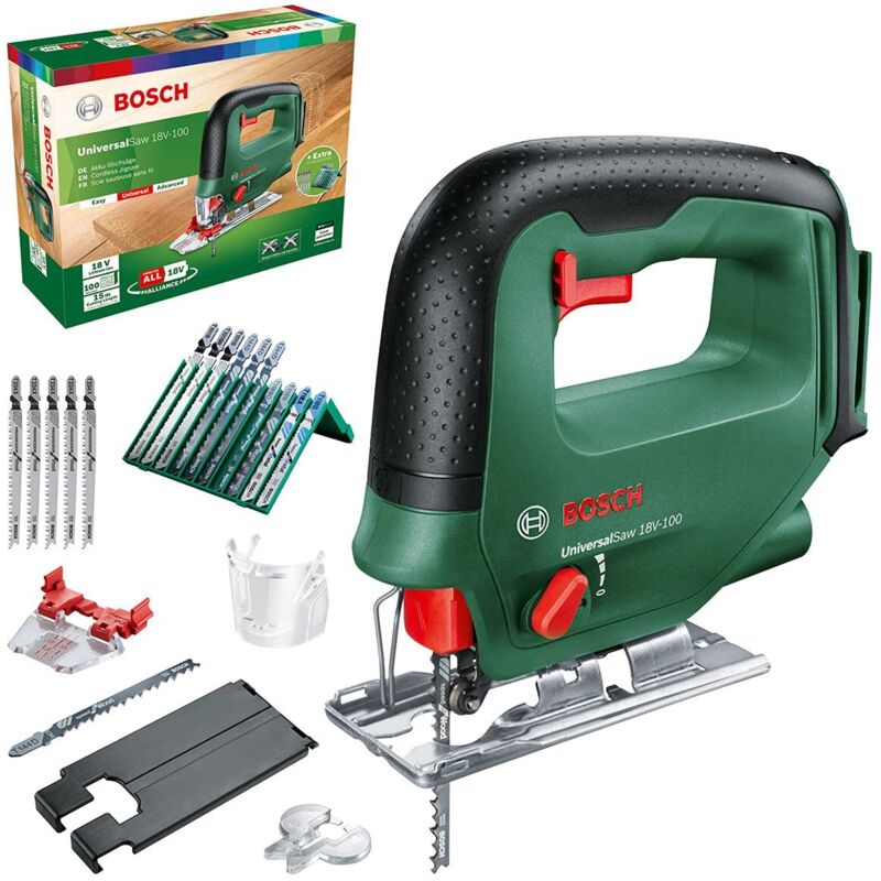Bosch Scie sauteuse sans fil UniversalSaw 18V 100 livré dans un carton sans batterie avec un lot de 15 lames système 18V – Exclusivité Amazon