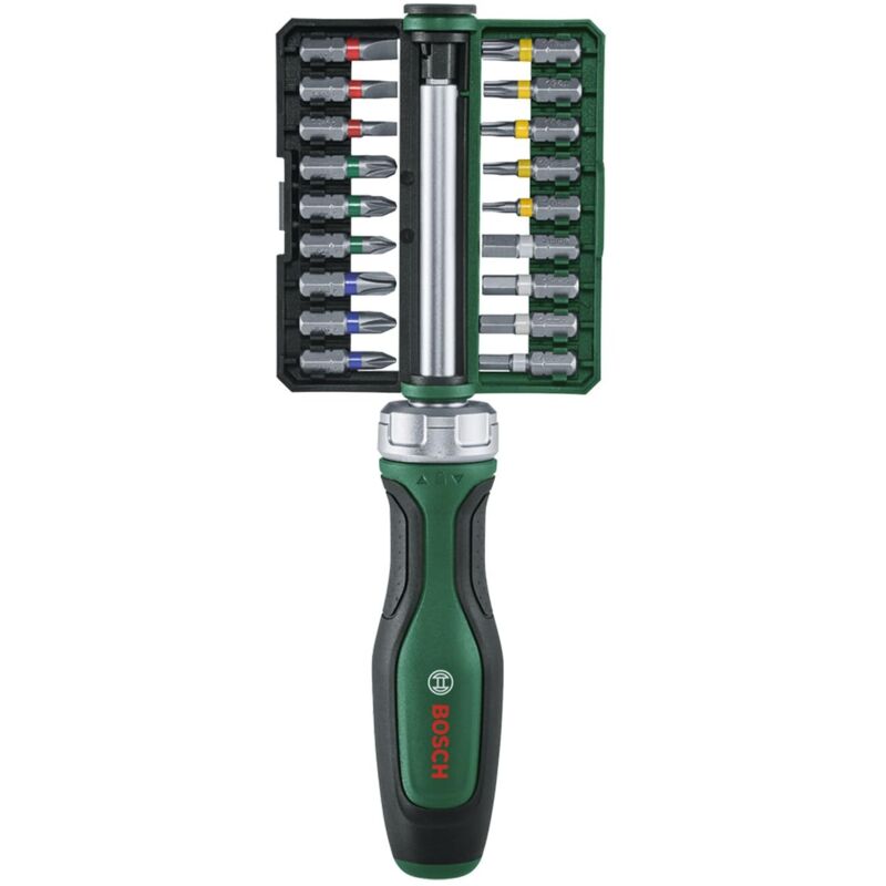 Set de 19 tournevis a cliquet a embout (36 dents porte-embout magnétique Softgrip 18 emb. acier S2 barrette clipsable) - Bosch