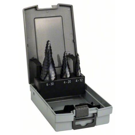 Bosch – Foret à métaux HSS-AlTiN 3 pièces – Diamètres 4-12 mm, 4-20 mm, 6-30 mm – Queue 3 pans pour maintien parfait – 2608588069