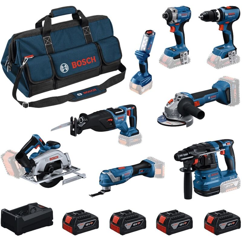 Bosch Kit 18v (gbh18v-22+gws18v-8+gdr18v-215+gsb18v-65+gks18v-57-2+gsa18v-28+gop18v-34+gli18v-300+4x5, 0ah+gal12v/18v-80+tasche)