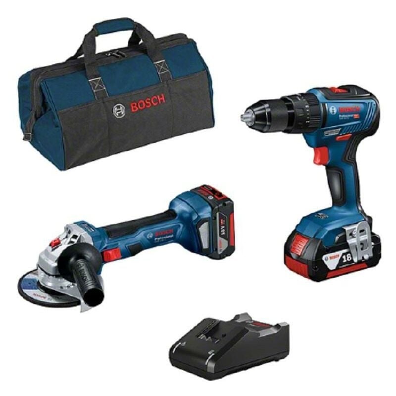 Image of Bosch kit gws 18v-7 + gsb 18v-55kit trapano avvitatore gsb 18v-55 + smerigliatrice gws 18v-7 + 2 batterie li-ion 18v-4ah + borsone bosch 0615990m4a