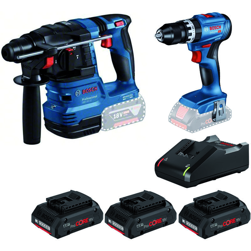 Bosch KIT Martello GBH 18V-22 + Trapano GSB 18V-45 + Set ricarica