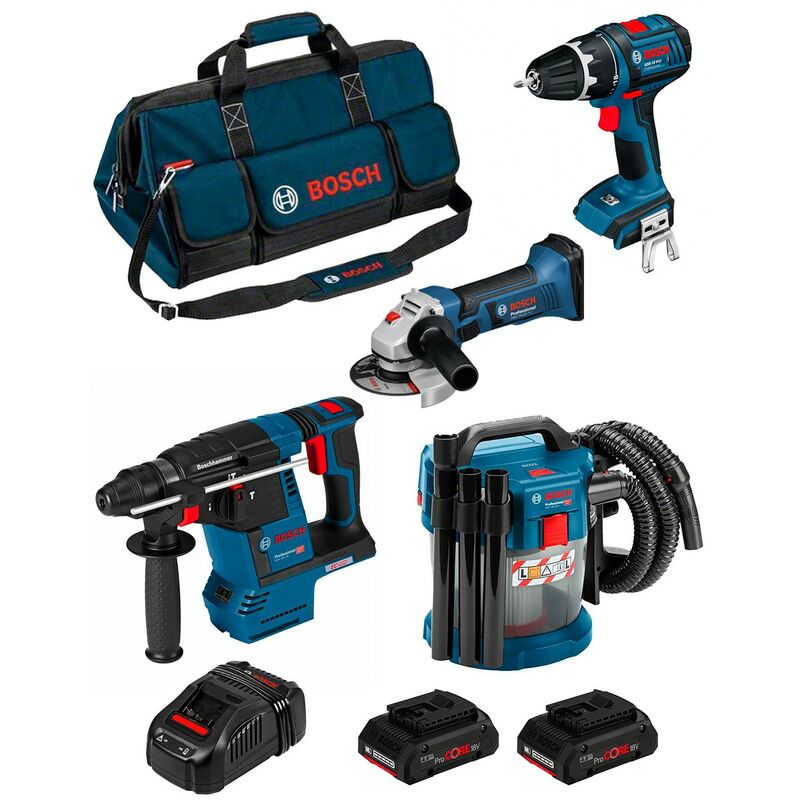 

BOSCH Kit PSL4M2CBP (GBH 18V-26F + GSB 18 V-LI + GWS 18-125 V-LI + GAS 18V-10L + 2 x 4,0 Ah ProCORE + GAL1880CV + HDBAG)