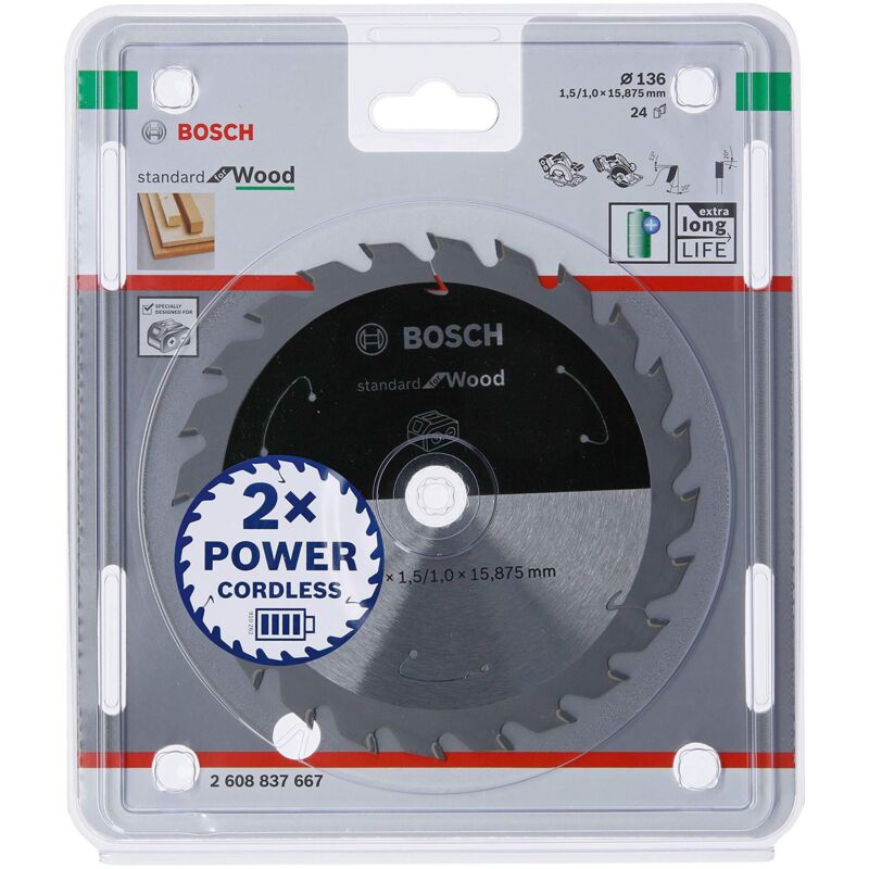 Bosch - Accessories Lama Per Sega Circolare Standard For Wood (Legno, 136 x 15,875 x 1.5 mm, 24 Denti, Accessorio Per Sega Circolare a Batteria)