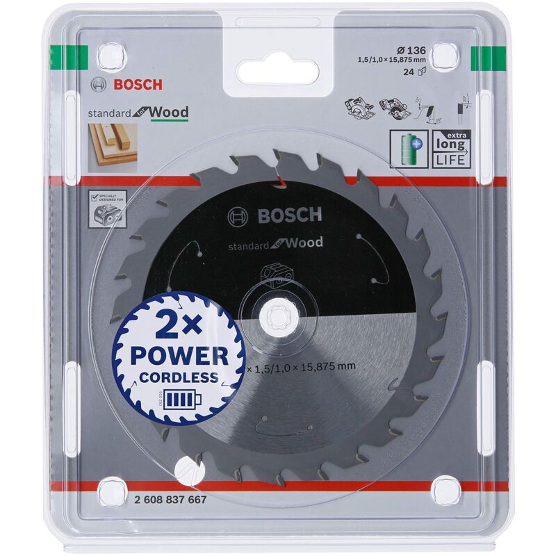 Image of Accessories Lama Per Sega Circolare Standard For Wood (Legno, 136 x 15,875 x 1.5 mm, 24 Denti, Accessorio Per Sega Circolare a Batteria) - Bosch