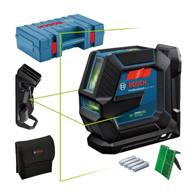 Laser vert 2 lignes 4x1,5V gll 2-15 g + support lb + pince dk 10 c en coffret standard Bosch 0601063W02 - Noir