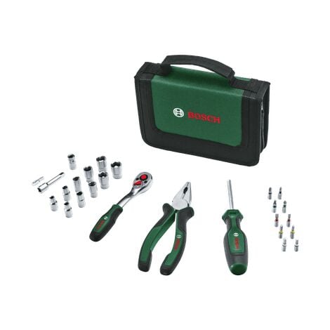 Bosch Mobility-Handwerkzeug (1/4-Ratsche, Kombizange, Universalschraubendreher, Stofftasche, 26-teilig, Set)