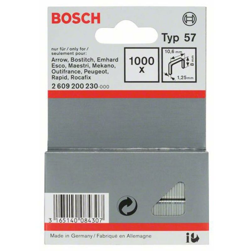 Image of Bosch Accessories 2609200230 Graffette filo piatto tipo 57 1000 pz. Dimensioni (L x L) 8 mm x 10.6 mm