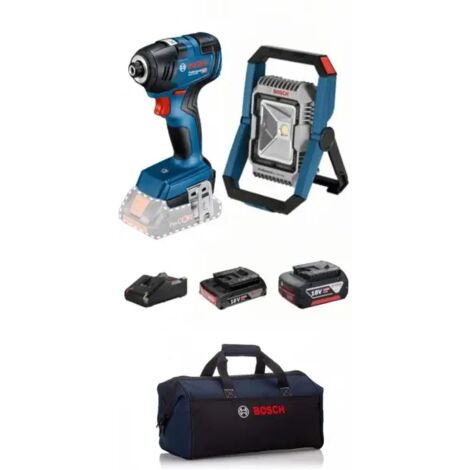 Bosch – Pack de 2 outils électroportatifs 18V – Visseuse à chocs GDR 18V-200 avec moteur sans balais – Lampe GLI 18V-1900 1900 lumens – Sac de transport inclus