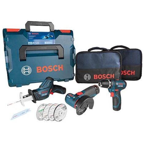 Bosch – Pack de 3 outils électroportatifs 12V – Meuleuse d’angle, scie sabre, perceuse-visseuse – 4 batteries 2.0Ah et chargeur inclus – Mallette de transport