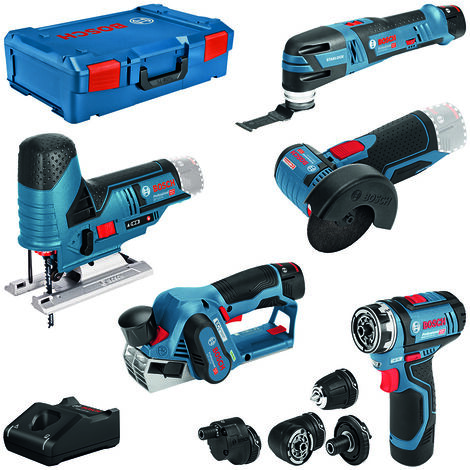 Bosch – Pack de 5 outils électroportatifs 12V – 3 batteries 2Ah/3Ah – Chargeur rapide GAL 12V-40 – Coffret XL-Boxx pour transport