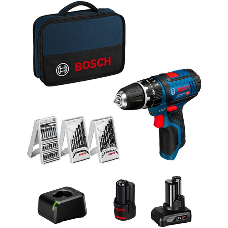 Perceuse à percussion 12V Bosch gsb 12V-15 - 1 batterie Li-Ion 2Ah + chargeur + sacoche de transport - 3 coffrets d'accessoires inclus - 06019B690G